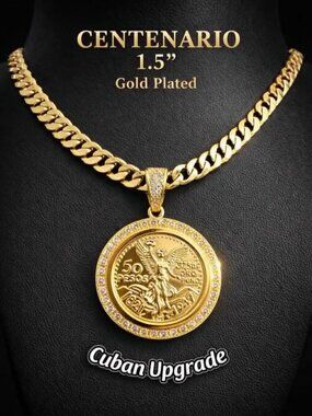 Centenario 50 Pesos Pendant 1.5" CZ Gold Upgraded Cuban Necklace 24" 6mm